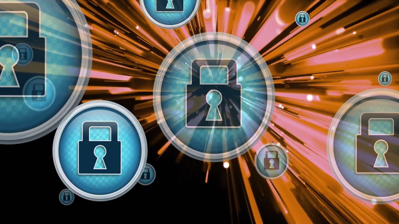 animación de una red de iconos con cerraduras digitales sobre hilos de fibra óptica naranja