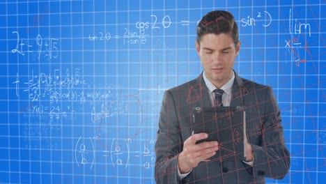 Mathematical-equations-against-caucasian-businessman-using-digital-tablet-against-blue-background