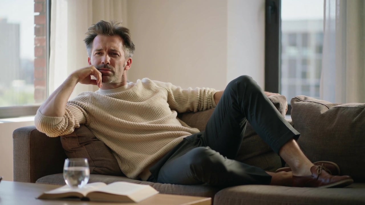 Uomo di mezza età seduto sul divano a casa, in pausa dalla lettura, che pensa, con un libro, un bicchiere e un maglione di lana.