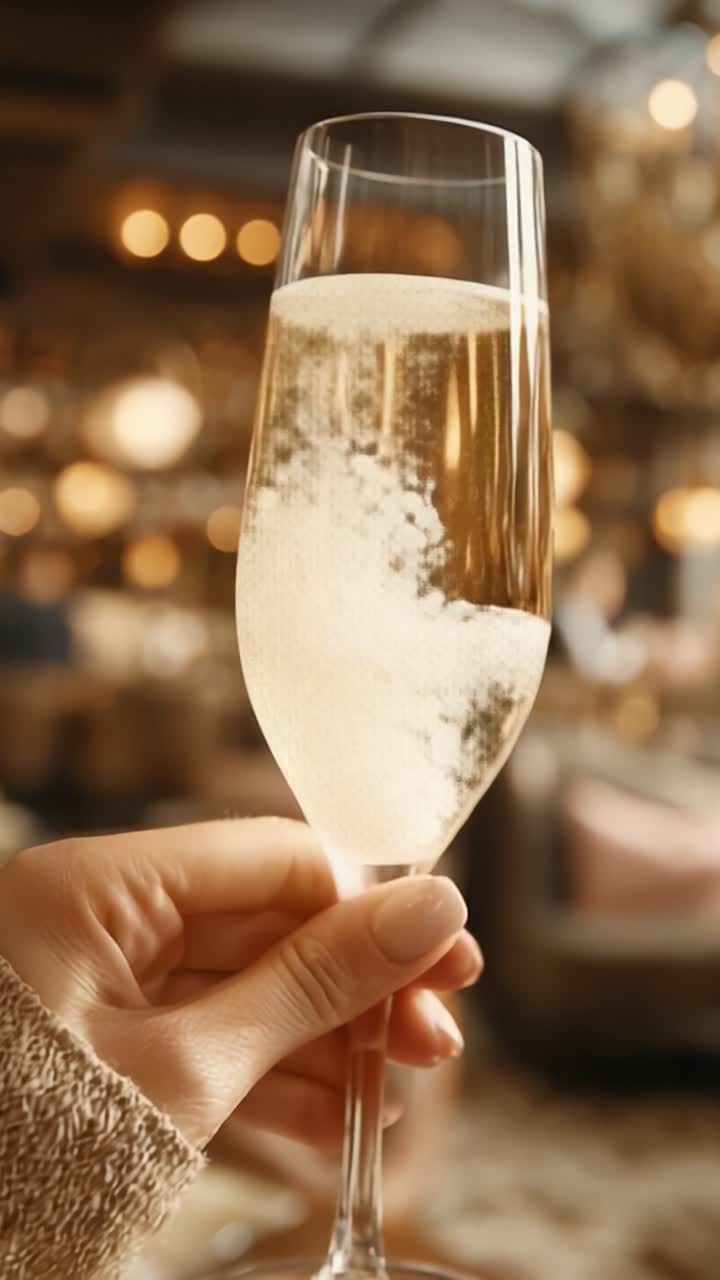 Un primo piano di una bevanda frizzante in un ambiente elegante, che cattura la consistenza effervescente e l'atmosfera di festa con una mano che tiene il bicchiere.