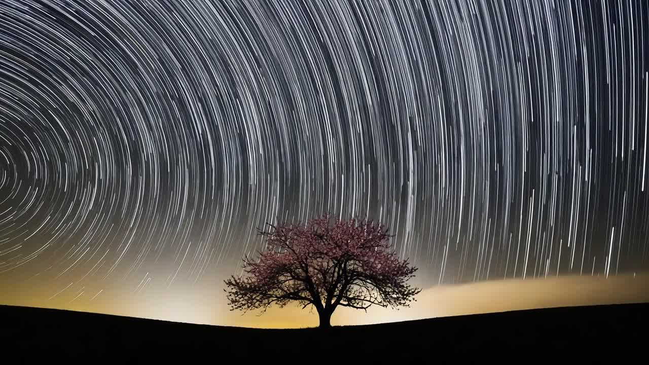 Beautiful Night Sky Captured with a Vibrant Tree Silhouette Underneath Star Trails, Showcasing the Cosmic Movement in a Stunning Celestial Display