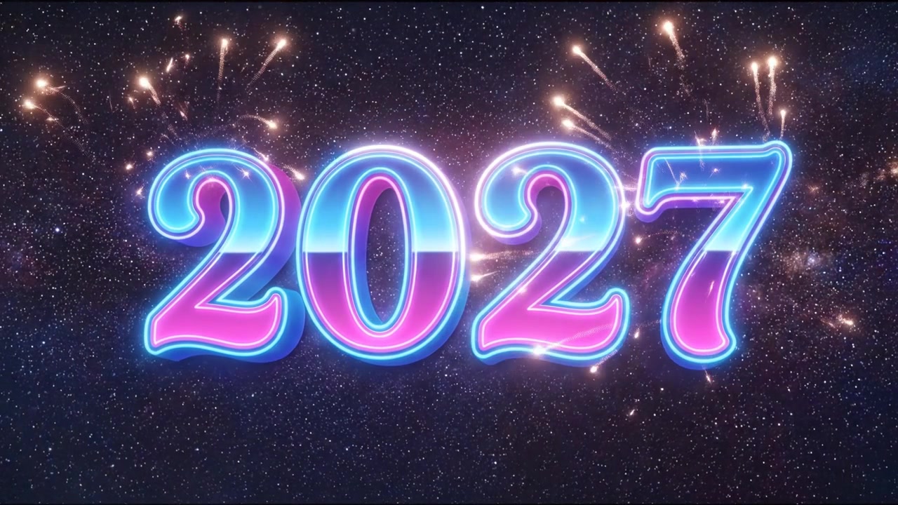 Animazione del numero 2027 per il nuovo anno in ciano e viola con tipografia al neon su sfondo scuro
