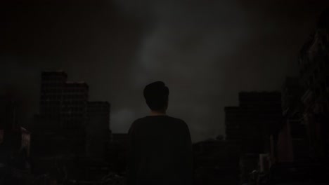 a person stands in the ruins of a city at night