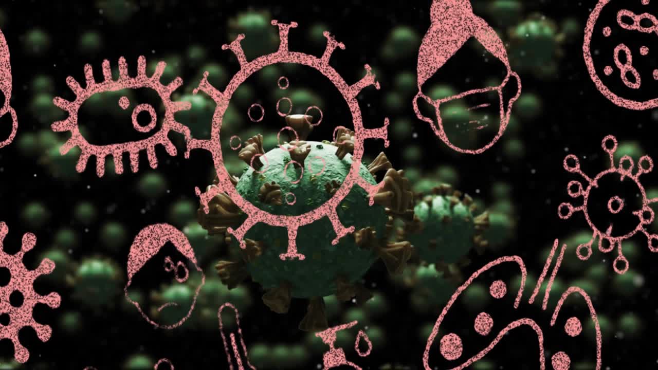 Animation of virus cells over pandemic icons