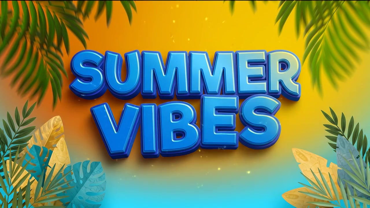 Animación de estilo de vida tropical "Vibras de Verano" con tipografía 3D azul llamativa y fondo de verano amarillo