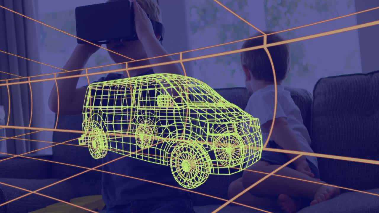 집에서 vr 헤드 ⁇ 을 착용한 소년의 3d 기술 도면의 애니메이션