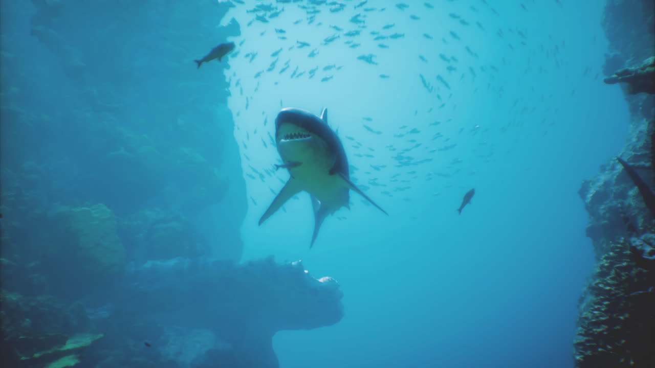 Majestic shark gliding through clear blue waters with surrounding fish