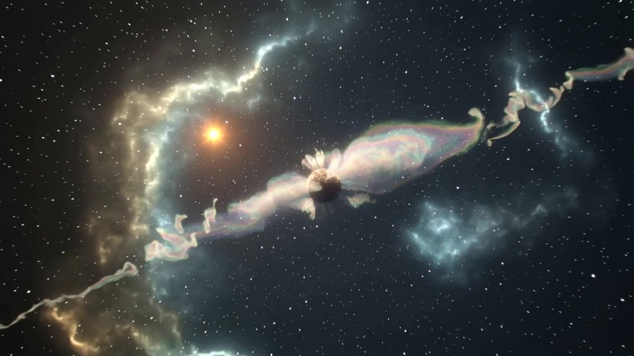 Pianeta roccioso in eruzione che invia pennacchi e nastri arcobaleno attraverso lo spazio, retroilluminato da una stella arancione.