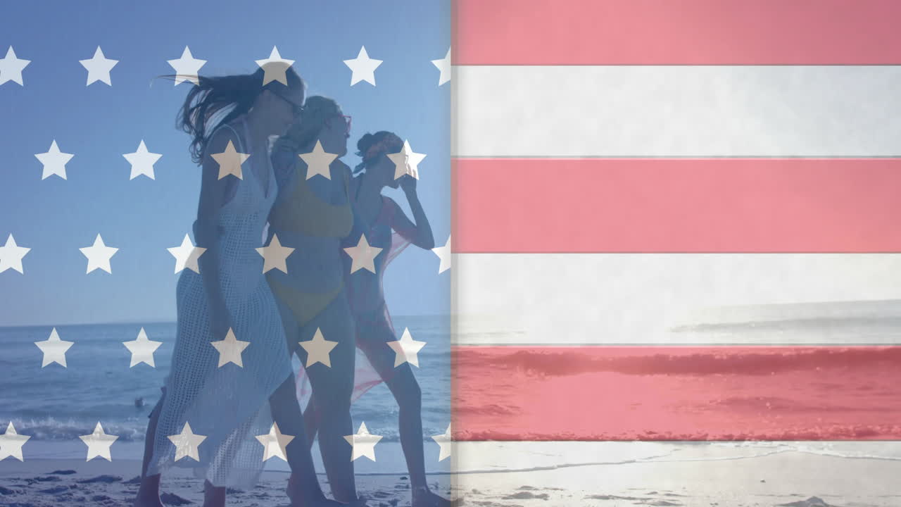 Animation of flag of usa over diverse female friends walking on beach