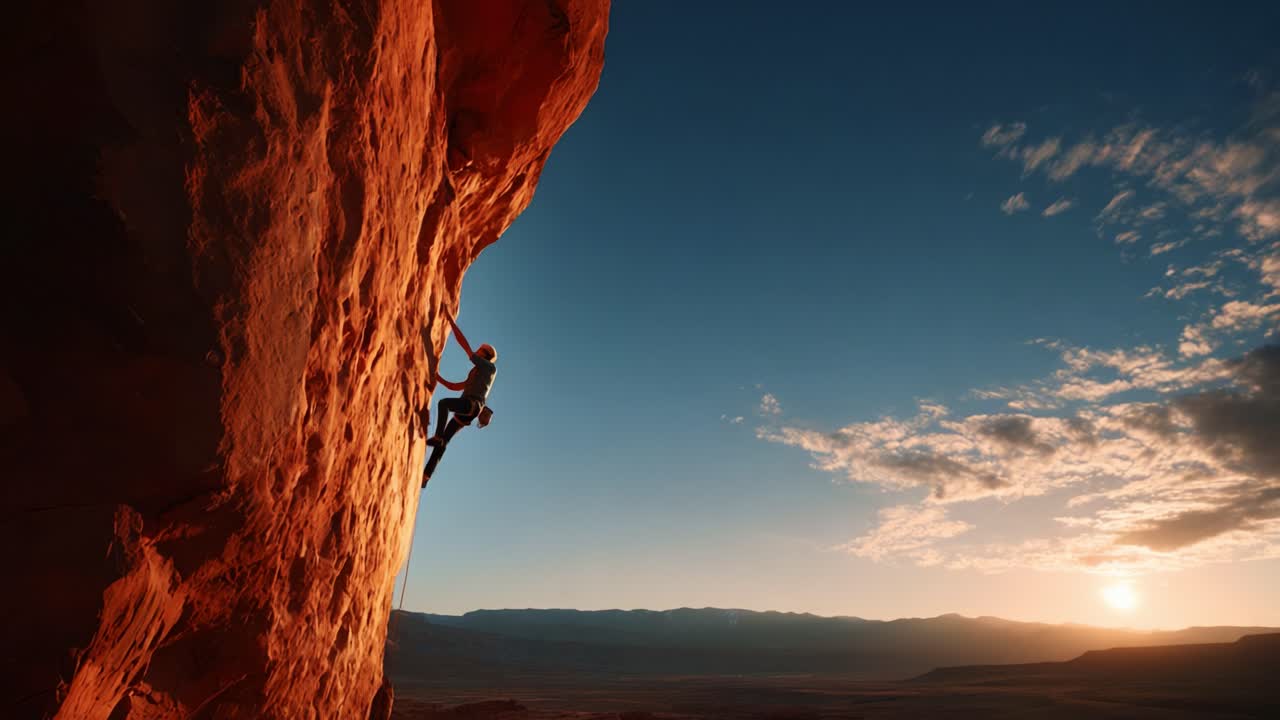 A Courageous Climber Ascending a Majestic Rock Face During Sunset, Showcasing the Beauty of Adventure and the Spirit of Outdoor Exploration in a Stunning Landscape