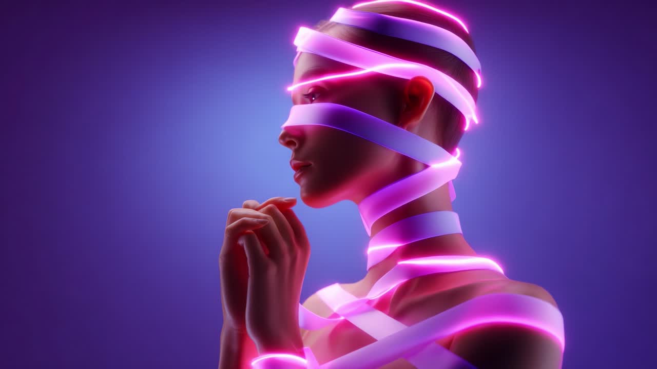 A captivating portrayal of a figure enveloped in luminous ribbons, capturing a blend of modern artistry and emotional depth; the interplay of light and shadow creates an intriguing visual narrative