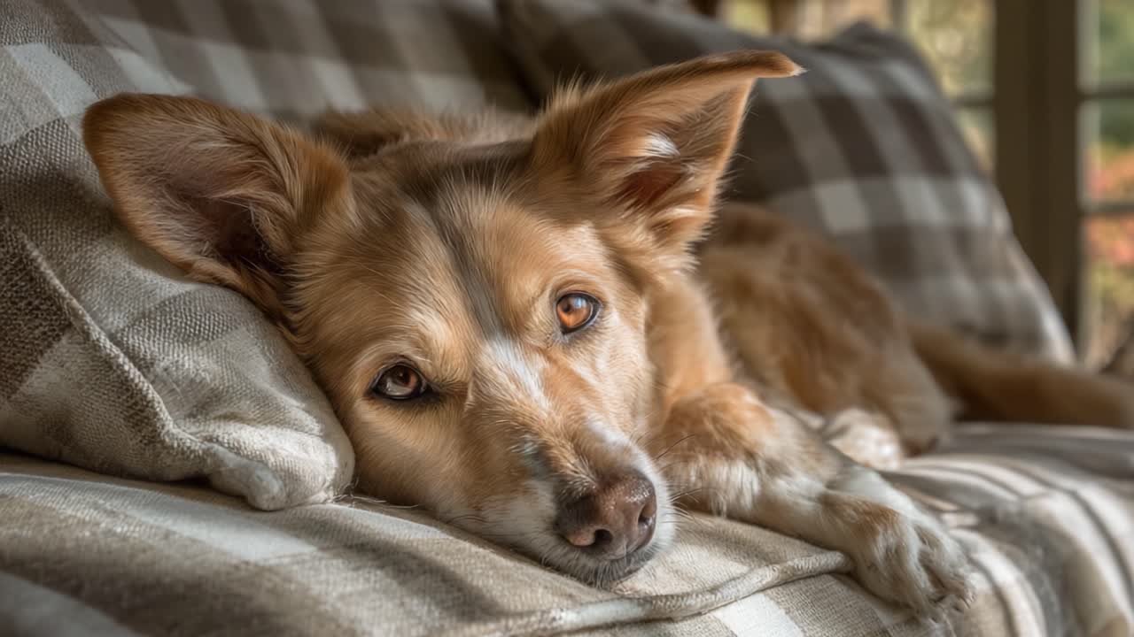 A Cozy Canine Moment: A Relaxed Dog Nestles on a Comfortable Sofa Surrounded by Soft Cushions and Warm Light, Capturing the Essence of Home Comfort