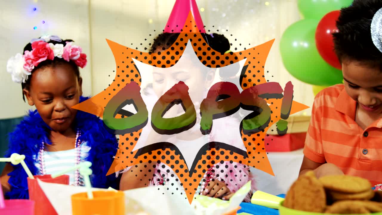 oops texto en la burbuja de discurso contra los niños en una fiesta de cumpleaños