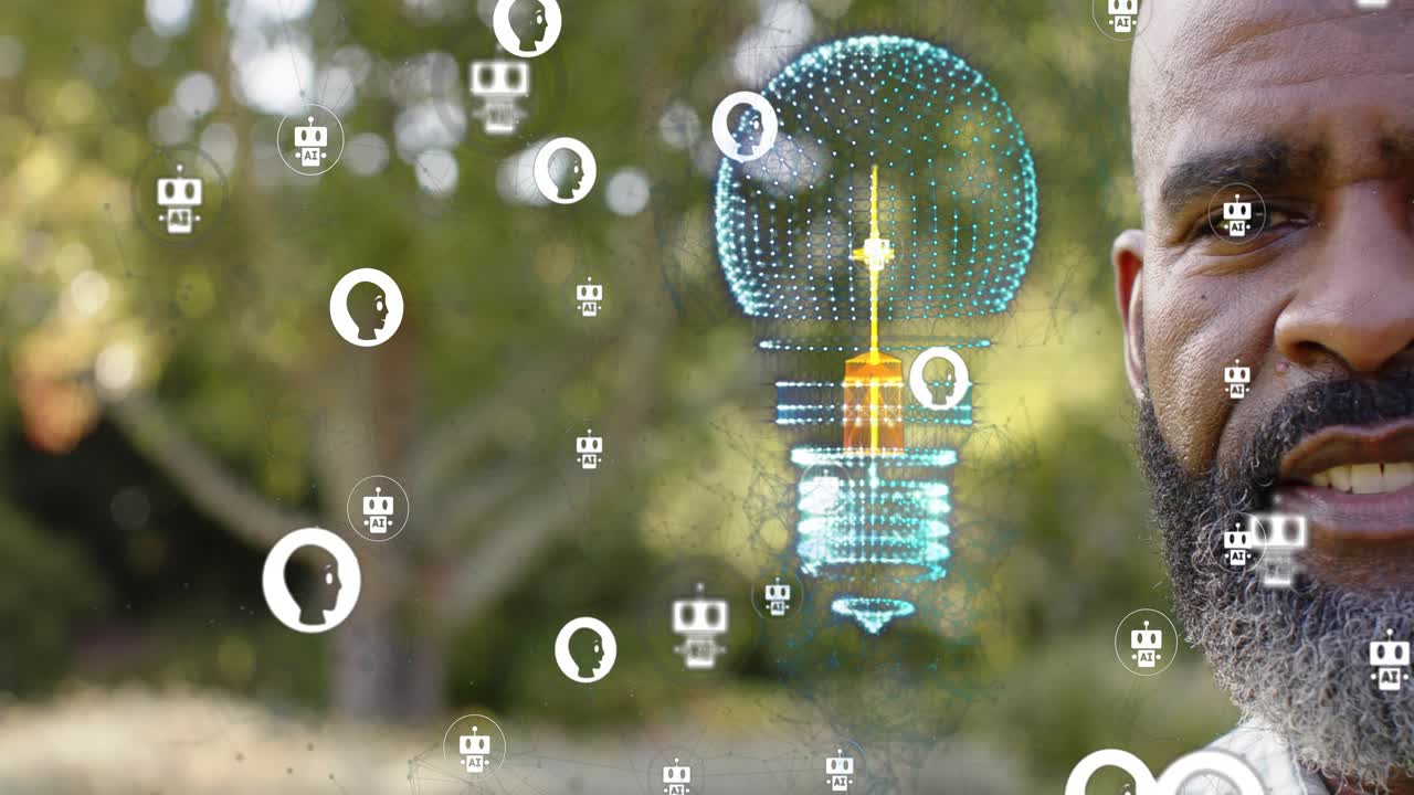 Man smiling, laughing in yard as holographic bulb, drifting icons pulsing, causing interest in tech