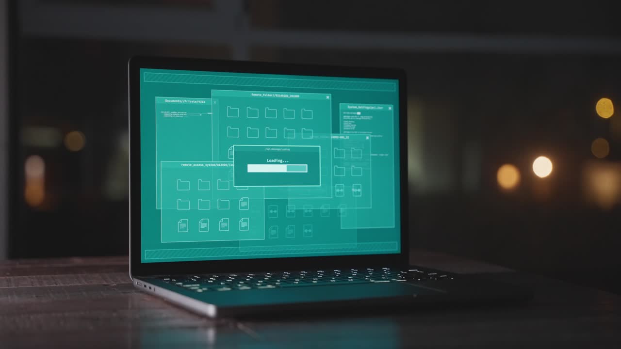 Laptop computer loading software or sending information uploading to cloud server. Top secret files and government documents data center. Security breach by hacker or spy malware virus. Private data