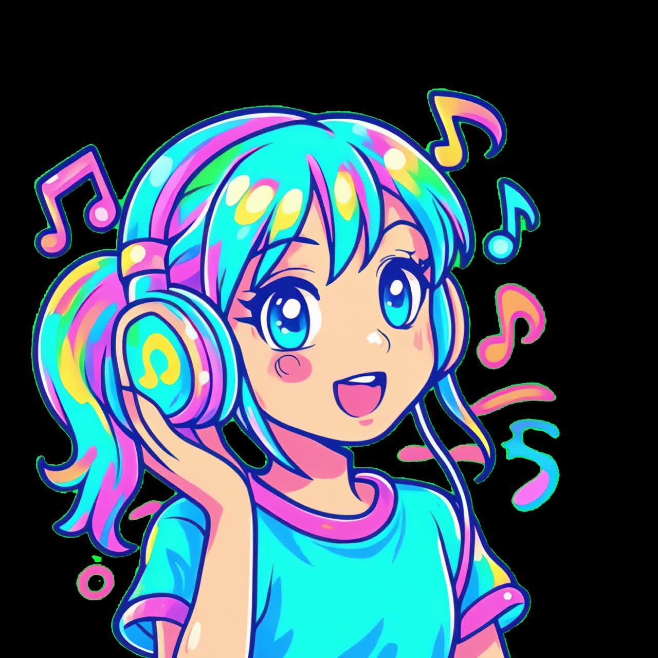Animazione di una ragazza anime colorata che ascolta musica, asset isolato, video 4K trasparente, canale alfa
