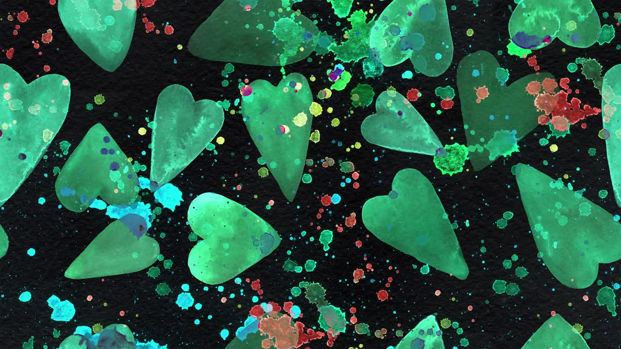 손으로 그려진 수채화 심장을 가진 추상적인 배경. 루프 애니메이션.