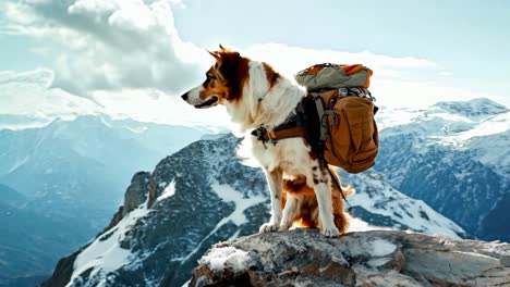 a dog with a backpack standing on top of a mountain
