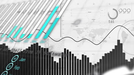 financial data and bar chart animation over world map and graphs