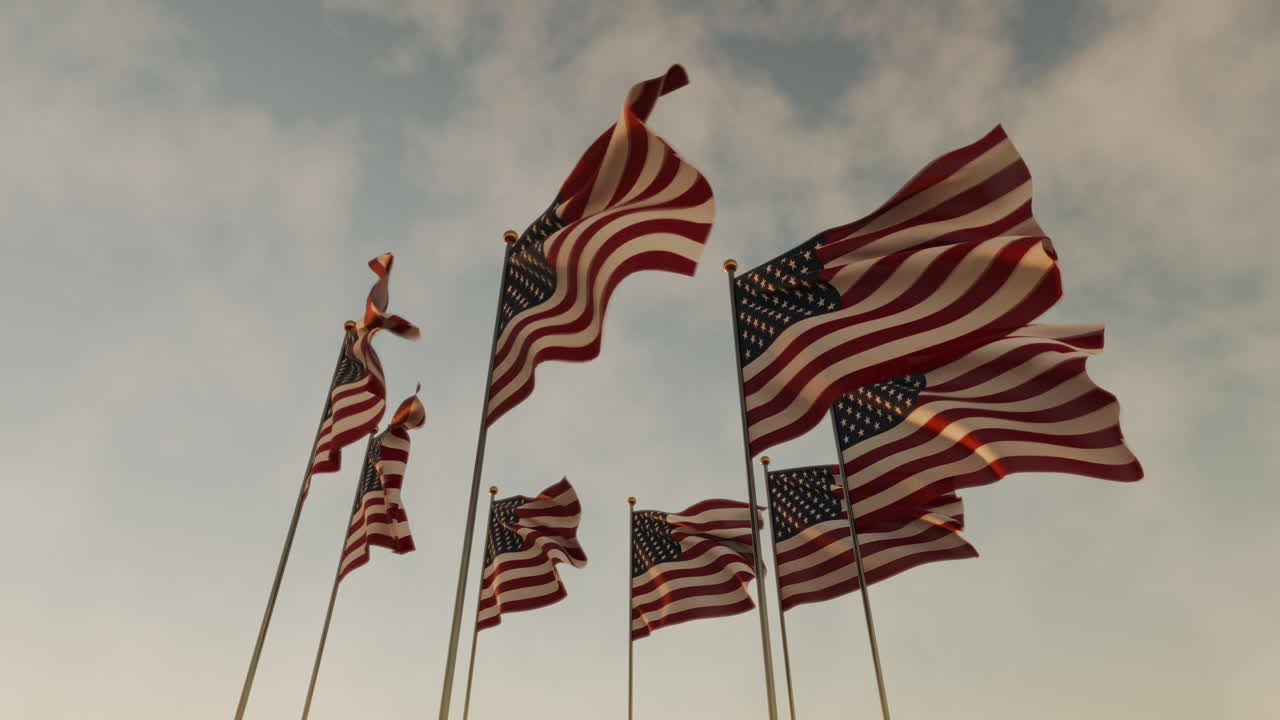 Memorial Day with American flags waving in the sky