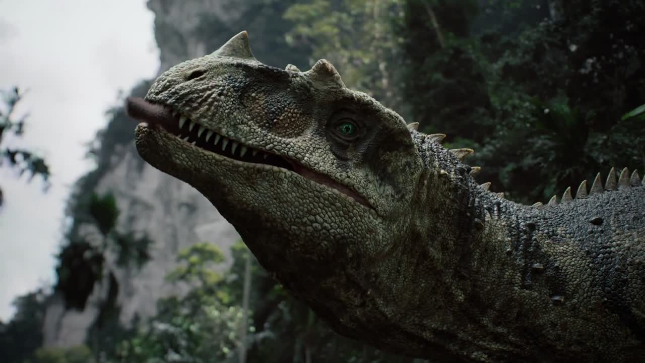 Dinosauro T-Rex divora la preda in una fitta giungla preistorica, primo piano.