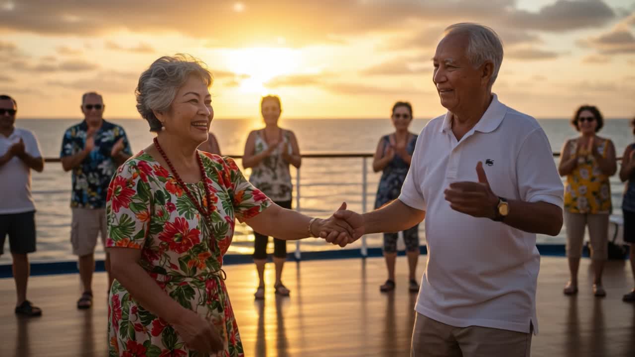 Joyful Dance on the Deck: A Heartwarming Moment Between Two Seniors Celebrating Love Against a Stunning Sunset Backdrop with Friends Applauding