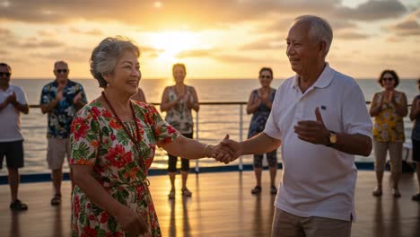 joyful dance on the deck: a heartwarming moment between two seniors celebrating love against a stunning sunset backdrop with friends applauding