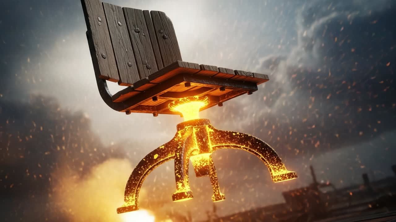 A Captivating Levitation: A Wooden Chair Suspended Over Fiery Embers Beneath a Dramatic Cloudy Sky, Capturing the Imagination with Its Dynamic Movement and Unique Design