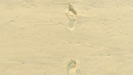 birds eye view slow motion forward following of imprinted bare footsteps on a pristine even beach