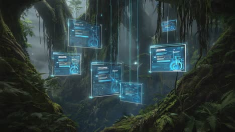 futuristic holographic interfaces in a lush jungle environment