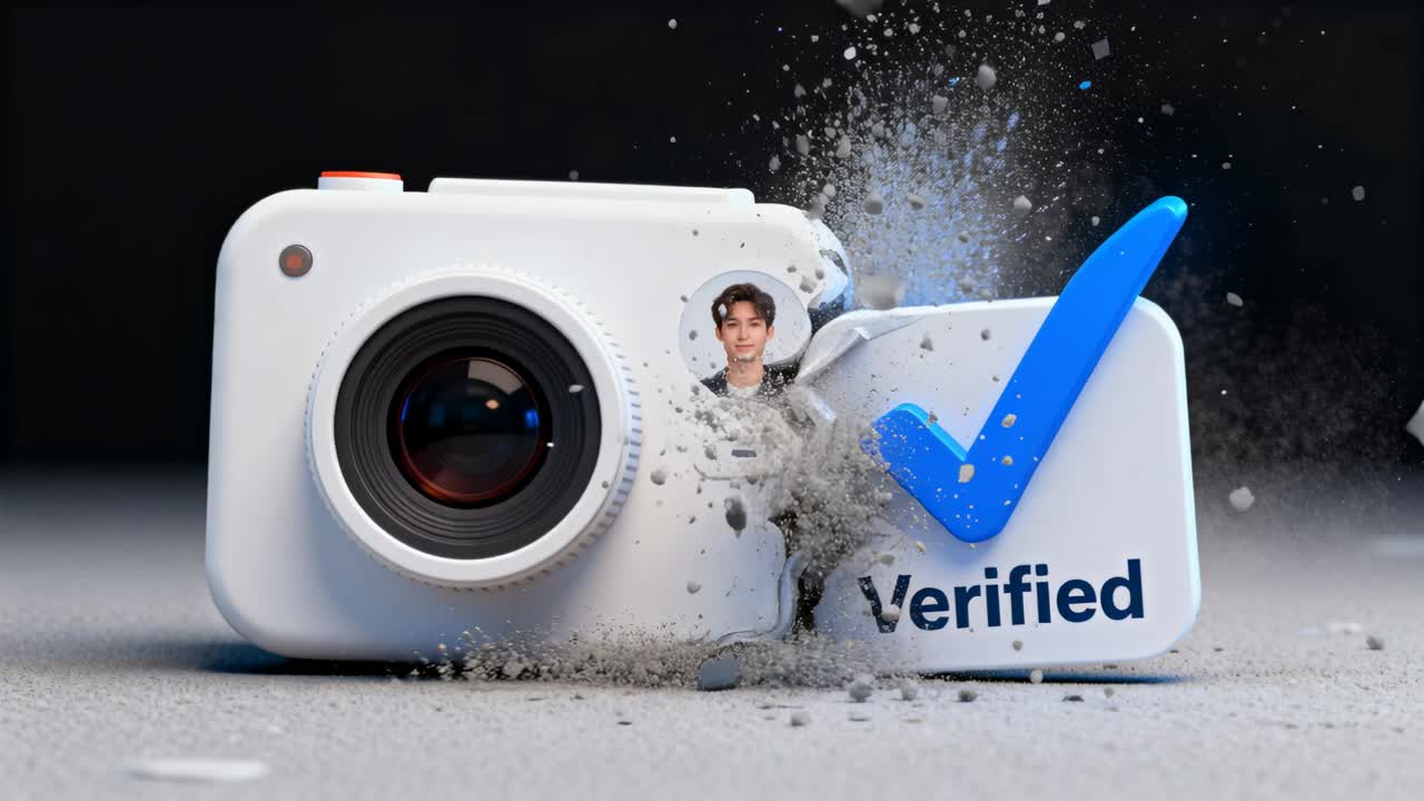 Cracking camera and verified block ejecting debris, covering portrait, blue checkmark on grey desk