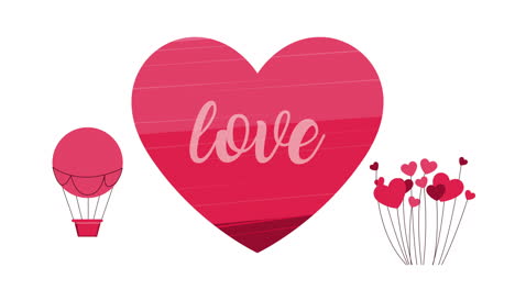 love lettering in heart with flowers and balloon air hot animation