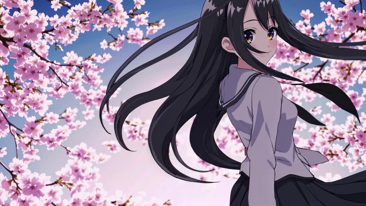 Anime-style video still of a girl in a school uniform amidst cherry blossoms
