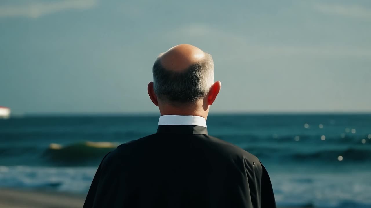 한 남자가 해변에 서서 바다를 바라보고 있다.