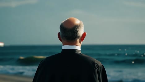 a man stands on a beach looking at the ocean
