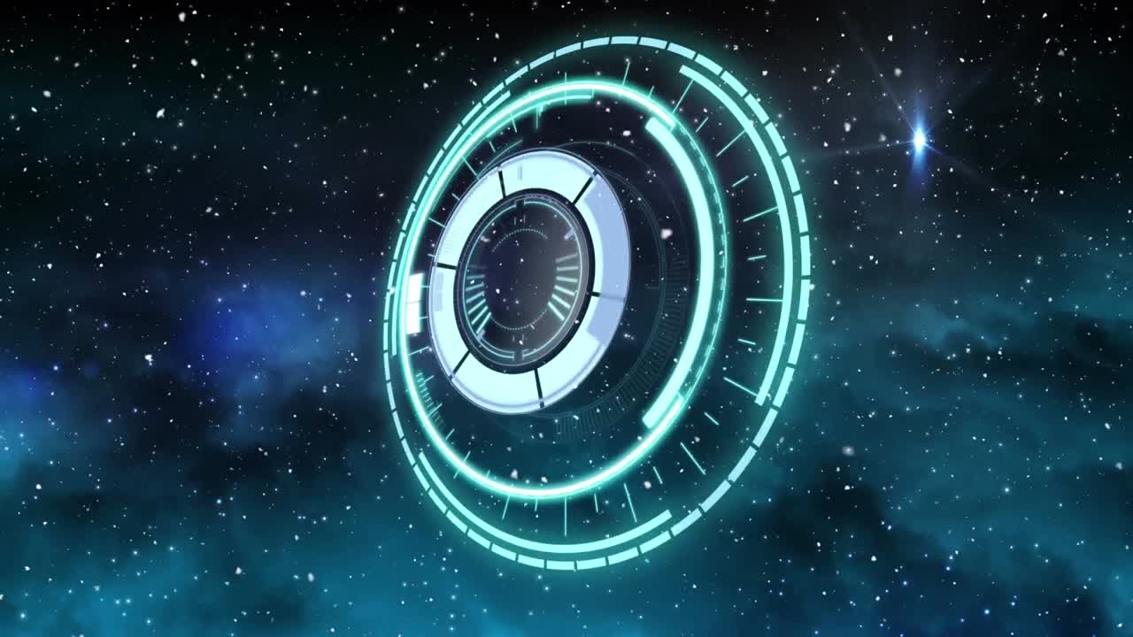 nieve cayendo sobre el escáner redondo azul neón girando sobre las estrellas brillantes sobre fondo azul