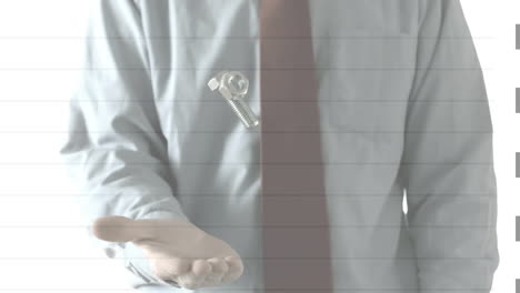 ⁇ 색 배경 에 사업가 가 견과류 와 볼트 를 던지고 잡는 것 을 보여 주는 선 의 애니메이션
