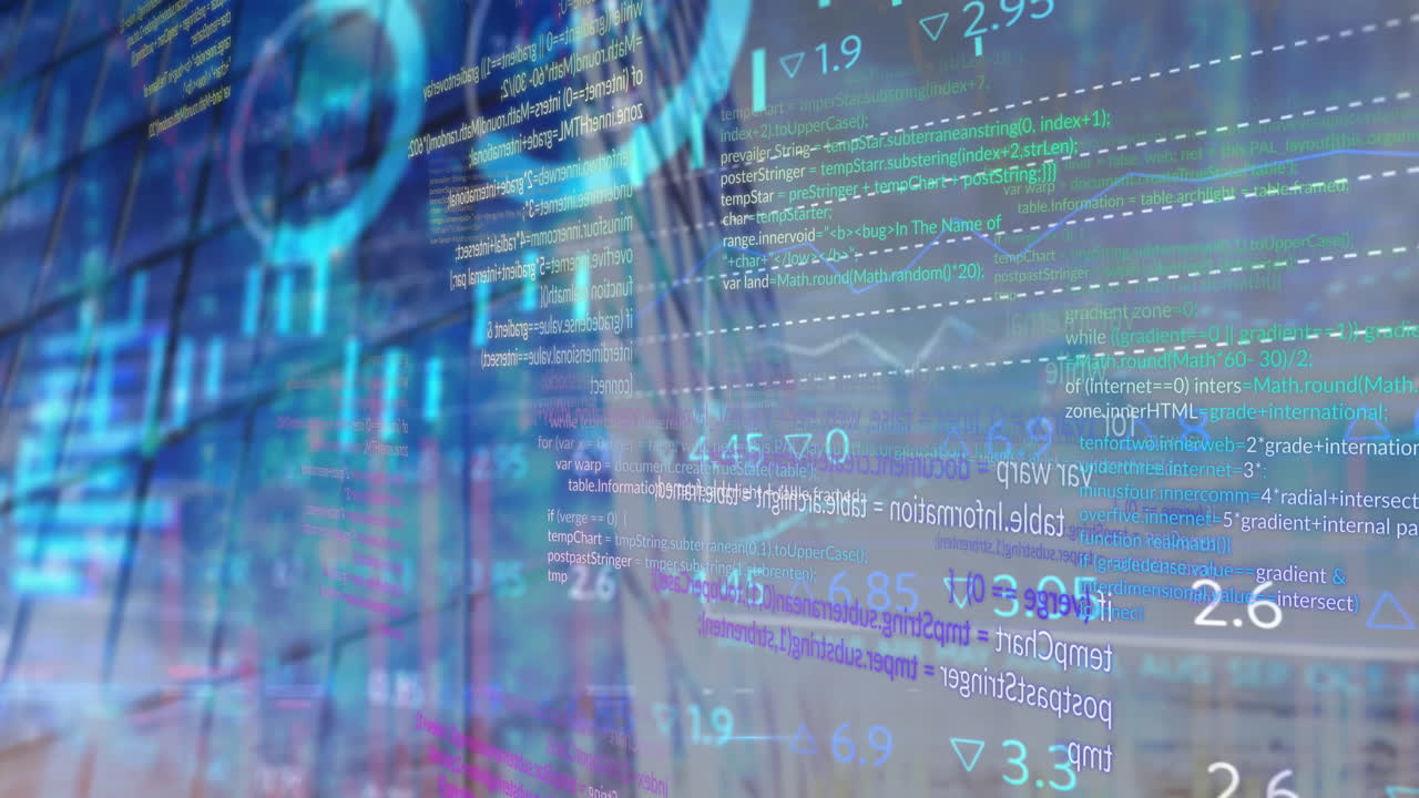 animación del procesamiento de datos estadísticos y del mercado de valores frente a una vista de ángulo bajo de un edificio alto