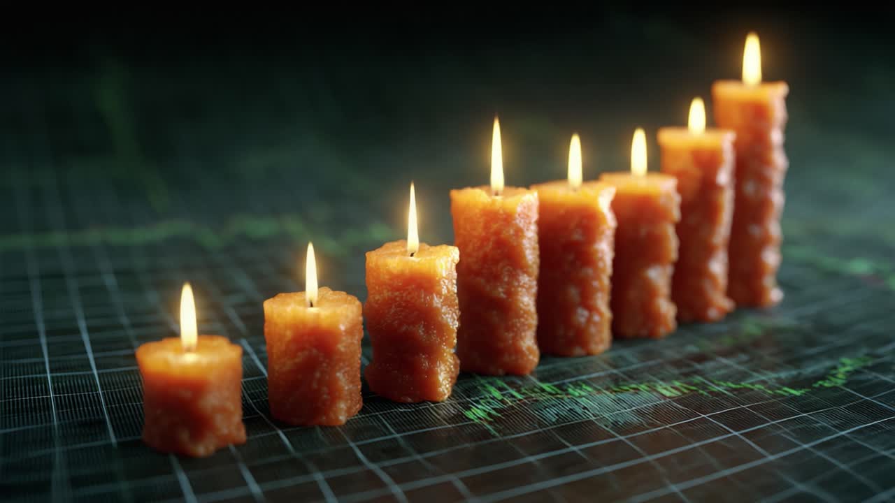 A Beautiful Display of Glowing Candles Progressing in Height, Creating a Captivating Atmosphere of Warm Light and Serenity in a Darkened Environment