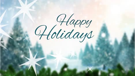 Animation-of-happy-holidays-text-at-christmas-over-winter-scenery