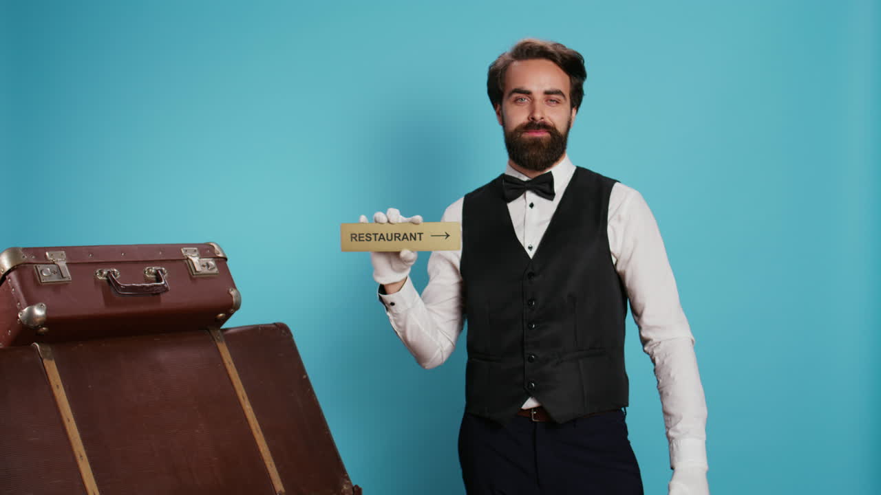 Hotel porter advertises restaurant sign