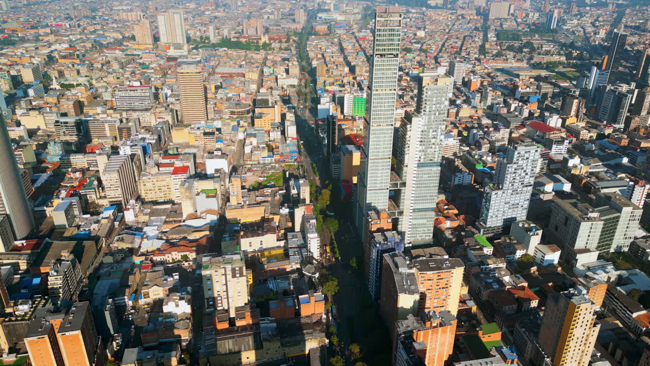 Aerial drone view of the skyline of Bogota, Colombia in daylight