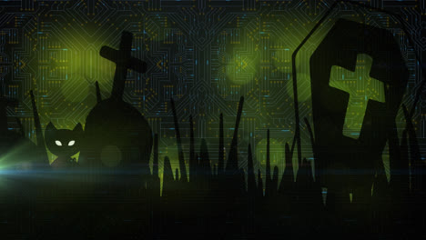 animación de tumbas y gato sobre la placa de circuitos de la computadora en halloween