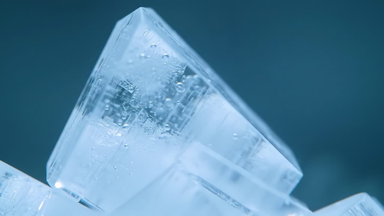 Captivating Transformation of Ice: A Visual Journey from Solid Crystals to Snowy Particles in a Mesmerizing Blue Environment