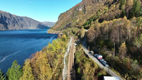 aerial above scenic bergensbanen railway between vaksdal and stanghelle, norway