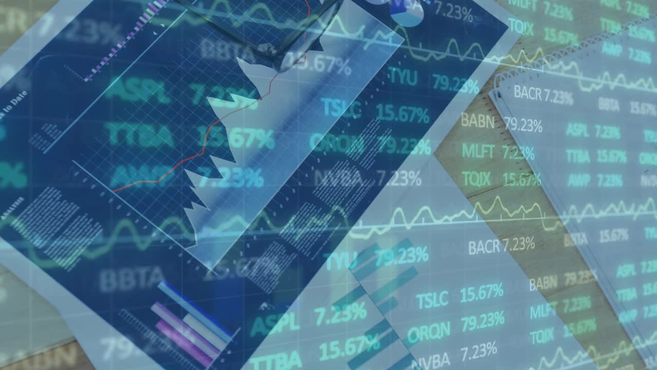 Animation of financial data processing over person writing in office