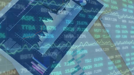 animation of financial data processing over person writing in office