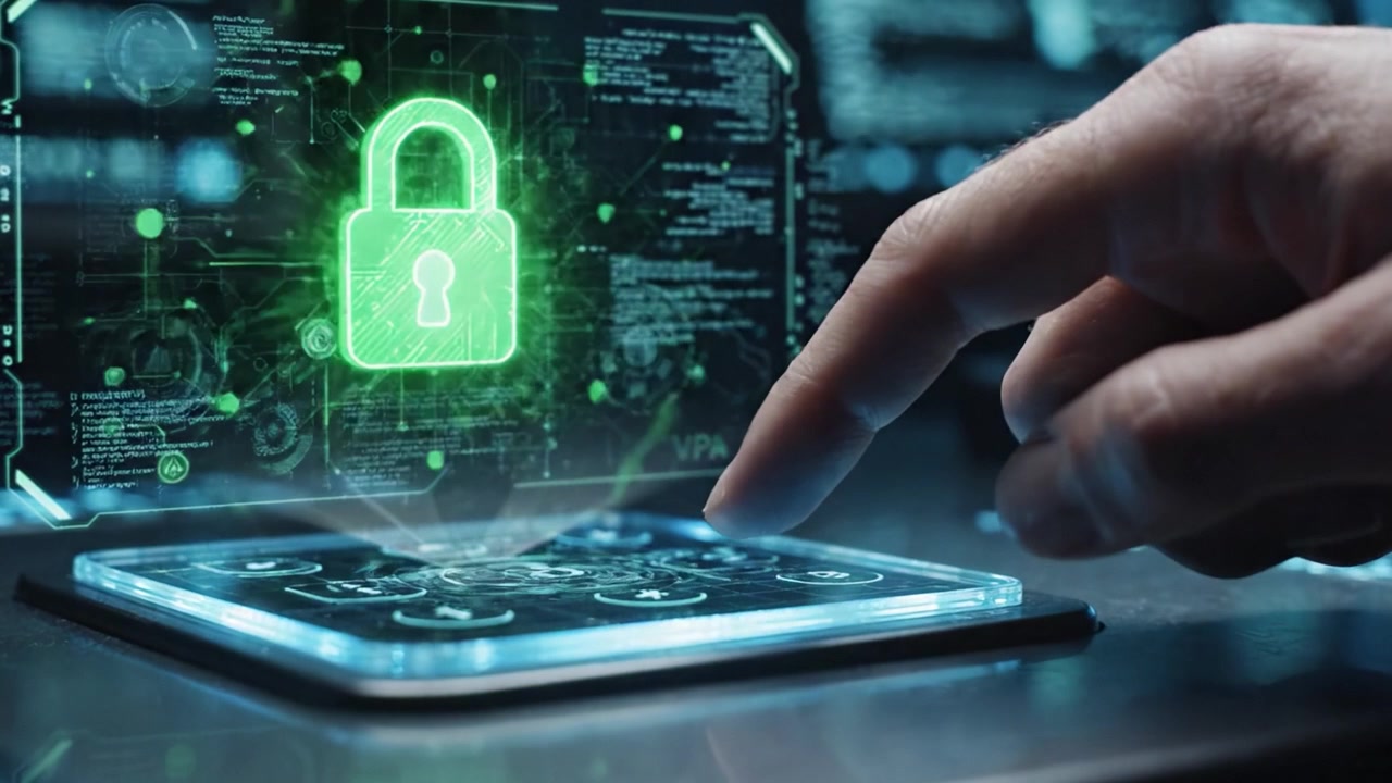 Explorando o Futuro da Cibersegurança: Um Usuário Interage com uma Interface Digital Segura Apresentando Tecnologia VPN e Proteção por Senha