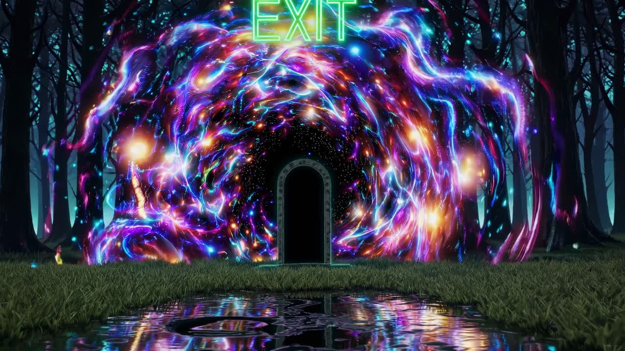 Mysterious dark portal emitting glowing plasma energy expanding, reflecting in forest puddle at night, creating surreal, dreamlike visual transformation