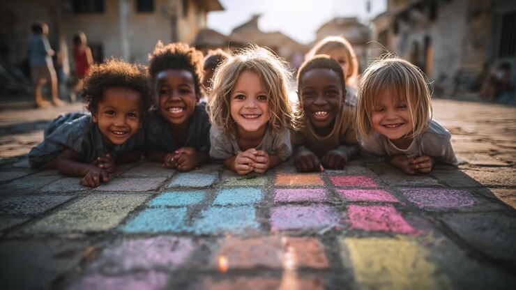 Un gioioso raduno di bambini che sperimentano divertimento e creatività attraverso opere d'arte con gessetti colorati in una giornata di sole, irradiando felicità in un vivace ambiente comunitario.